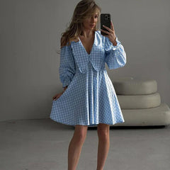 Retro Classic Plaid Butterfly Neck Long Sleeve Dress For Women A-Line Loose Splice Flare Sleeve Party Club Short Dress