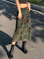 Floral Print Vintage Green Midi Skirt Women Y2K High Street Grunge Fashion Elegant Mid-Calf Long Skirt Streetwear Female Faldas