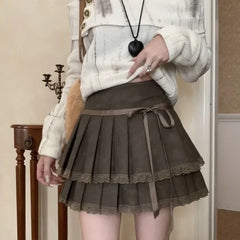 2024 Early Autumn New Pu Leather Skirts Y2k Vinage Lace Patchwork Tie Bow Skirt for Women High Waist All-match Faldas Mujer