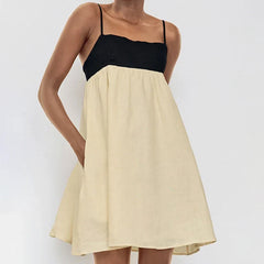 Fashion Suspender Contarast Color Dress Women's Backless Loose Beach Holiday Short Spaghetti Strap Dress Female Pullover