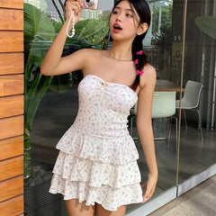 Frill Floral Dress For Women Fashion Backless One-shoulder Splice Strapless Slim Birthday Party Sweet Short Dress Female