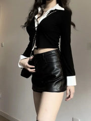Simple Fake Two Piece Lapel Neck Long Sleeve Tops Women+ Y2k High Waist Pu Black Leather Skirts 2024 Spring New Sets