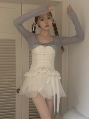 Lace Kawaii Sweet 3 Piece Set Women Bandage Korean Fashion Party Mini Skirt Suit Bow Ruffles Fairy Vintage Clothing 2023 Summer