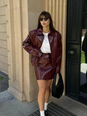 Fashion Ancora Red Zipper Pu Leather Jacket Suits Women High Waist Mini Skirt 2 Piece Set 2024 Autumn New High Streetwear