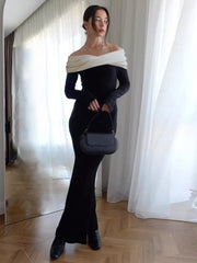 Color Block Off-Shoulder Long Dress Women's Higt Waist Elegant Gown Dress Long Sleeve Splice Bodycon Dress Female Fashion