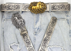 2025 Gothic Belt Neutral Horse Head Buckle Peony Pattern PU Belt for Lady Luxury Designer Jeans Dress Accessories Fashionable