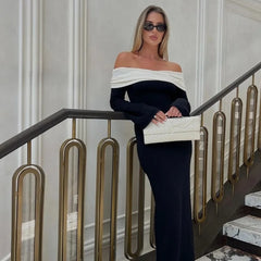 Contrast Color Knitted Long Dress For Women One-Shoulder Elegant Slim Party Sweater Dresses Female High Waist New Autumn