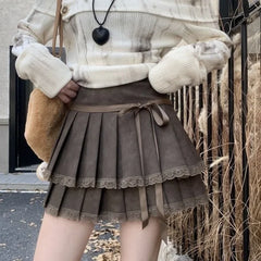 2024 Early Autumn New Pu Leather Skirts Y2k Vinage Lace Patchwork Tie Bow Skirt for Women High Waist All-match Faldas Mujer