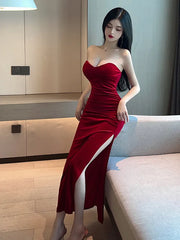 2025 Summer Women's Sexy Temperament ceremonial dress Wrapped Chest backless High Split Velvet Wrapped Hip Red Long Dress FQ4B