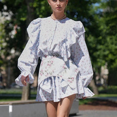 Fashion Print Lace Up Mini Dress For Women Removable Girdle Autumn Long Sleeves Slim Evening Dresses Flare Sleeve Female