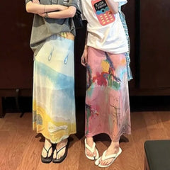 Harajuku Street Print Skirt for Women Y2k E-Girl High Waist Split Straight Skirts 2024 Summer New Mid-length Faldas Mujer