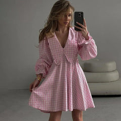 Retro Classic Plaid Butterfly Neck Long Sleeve Dress For Women A-Line Loose Splice Flare Sleeve Party Club Short Dress