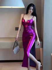 2025 Summer Women's New Temperament backless Leather Sexy Low cut Solid Color Slim Split Wrap buttocks sling Long Dress 3M2L