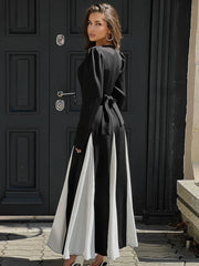 Elegant Contrasting Color Long Dress For Women Lace Up Long Sleeve Slim Party Dresses Female Patchwork Outfit 2025 Autumn