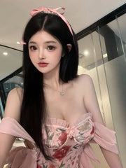 Elegant Mature Gentle V-neck Low Cut Floral Lace Stitching Design Waist Closing,slimming Dress Slim Strapless Short Dress IEUS