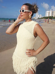 Sleeveless Tassel Hollow Out Knitted Dress For Women Slim Fit Elegant Patchwork Dresses Sexy Holiday Party Mini Dress