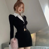 Black Fake Two Piece Slim Fit Long Sleeve Shirts for Women+ Y2k E-Girl High Waist Bodycon Skirts 2024 Autumn Sets