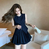 Korean Fashion Summer Pleated Skirt 2 Piece Set Women Elegant Sleeveless Button Tops+Wide Leg Pants Suits Y2k Casual Outfits