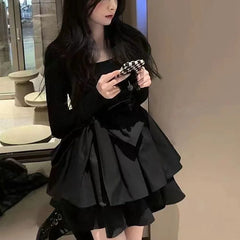 Korean Style Long Sleeve Drees Women Autumn Patchwork Square Collar Black Puffy Dresses Woman Fashion Prom Bow Black Mini Dress