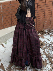 Plaid Long Skirt Womens Maxi Skirt 2023 Goth Lolita Low Waist Ladies Front Zip Ruffle Pleated Skirts rok