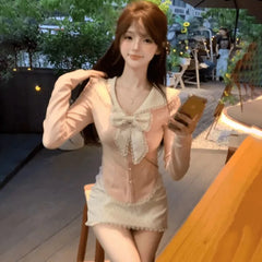 Fashion Sweet Bow Slim Fit Long Sleeve Tops Women+ Y2k High Waist Lace Bodycon Skirts 2024 Autumn New Two Piece Sets