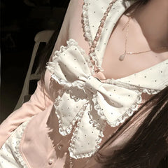 Fashion Sweet Bow Slim Fit Long Sleeve Tops Women+ Y2k High Waist Lace Bodycon Skirts 2024 Autumn New Two Piece Sets