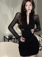 Autumn New American Style Temperament Mesh Long-sleeved Patchwork Slim Dress Sexy Black Dress V-Neck Mysterious Maturity NIHW