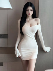 2025 Spring Women's New Sexy Spicy Girl Deep V-neck Low cut fashion Slim Solid Color Long Sleeve Split Wrap buttocks Dress GJFI