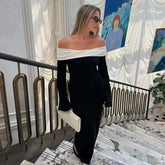 Color Block Off-Shoulder Long Dress Women's Higt Waist Elegant Gown Dress Long Sleeve Splice Bodycon Dress Female Fashion