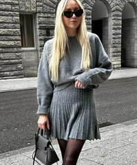 High Neck Knitted Pullover Pleated Mini Skirt Suit