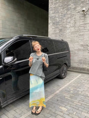 Harajuku Street Print Skirt for Women Y2k E-Girl High Waist Split Straight Skirts 2024 Summer New Mid-length Faldas Mujer