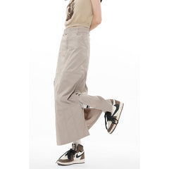 Graduation Gift Summer Women Cargo Slit Longuette Skirt High Waist Casual American Safari Style Vintage Straight Female Streetwear Slit Skirt