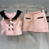 Contrast Short Sleeve Buttoned Vest Top And Mini Skirt Set
