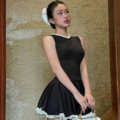 Splice Lace Mini Dress For Women High Waisted Slim Folds A-Line Hem Dresses Sleeveless Elegant Evening Party Dress Lady