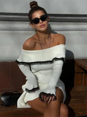 Knit Off-Shoulder Sweater Mini Dress Women's Lace Patchwork Ribbed Slim Backless Elegant Party Dress Knitwear Dress New