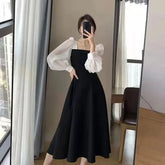 2025 Autumn New Elegant Age-reducing Spliced Square Collar Mini Black Dress Vintage Mesh Slimming Dress For Women