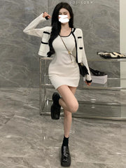 2025 Spring Autumn New Women's Sexy Temperament Knitted Cardigan Coat Slim Wrap Hip Tank Top Dress Fashion Two Piece Set WHH4