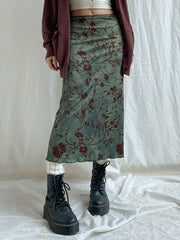Floral Print Vintage Green Midi Skirt Women Y2K High Street Grunge Fashion Elegant Mid-Calf Long Skirt Streetwear Female Faldas