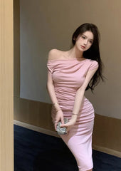 American Style Temperament One Shoulder Women's Maxi Dress Summer Soft Girls Off Shoulder Tight Waist Wrap Hip Long Dress ZOVH