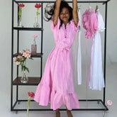 Leisure V-Neck Lace Up White Maxi Dress For Women Solid Color High Waisted Short Sleeves Ruched Patchwork Girdle Dress