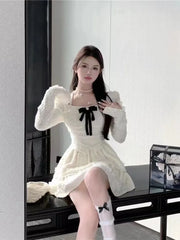 Korean Sweet Lace Square Collar Bow Puff Sleeve Tops Women+ Y2k E-Girl Slim Waist A-line Skirts Spring New Two Piece Sets