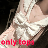 Fashion Sweet Bow Slim Fit Long Sleeve Tops Women+ Y2k High Waist Lace Bodycon Skirts 2024 Autumn New Two Piece Sets