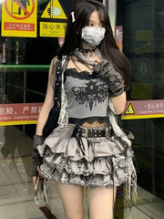 Fashion Sweet Lace Slim Fit Camisole Tops Women+ Y2k Kpop High Waist Ruched Cake Skirts 2024 Summer New Two Piece Sets