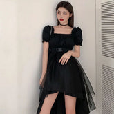 harajuku black tulle puff sleeves dress woman french slim fit square collar asymmetrical dresses female summer party belt dress