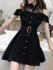 Korean OL New Single Breasted Women Summer Dress 2025 Sweet Chic Black office work Short mini Dresses With Belt Vestidos jurken