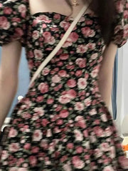 Preppy Wind Sweet Spicy Rose Fragmented Flower Dress For Women's Summer 2025 New French Puff Sleeve Short Skirt With Waist 6OA0