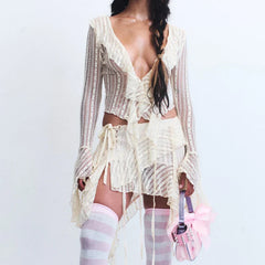 Fairy Coquette Women Y2K Outfits Floral Lace Sheer 2 Piece Set Ruffles V Neck Flare Sleeve Crop Tops + Irregular Hem Mini Skirt
