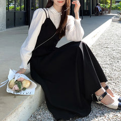 Black V-neck Suspender Skirt Dress Women's New Senior Sense Temperament Closed Waist Long Skirt Design Sense Skirt 2024 Spring