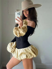 Contrast Color Slim Ball Gown Dress Female Long Sleeve Patchwork Elegant Mini Dress Sexy Hot Girl Party Club Clothing New
