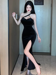 2025 Summer New Women's Sexy Spicy Girl Style Oblique Shoulder Leopard Pattern Side Split Slim Wrap buttocks Long Dress YNJY